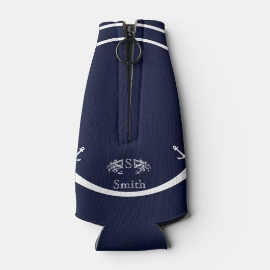 Moderne Monogram Nautical Navy Blue White Crab Flaschenkühler (Rückseite)