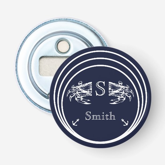 Moderne Monogram Nautical Navy Blue White Crab Flaschenöffner (Vorderseite)