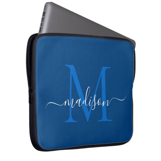 Moderne Monogram Navy Blue Elegante Chic Script Na Laptopschutzhülle (Vorne Rechts)