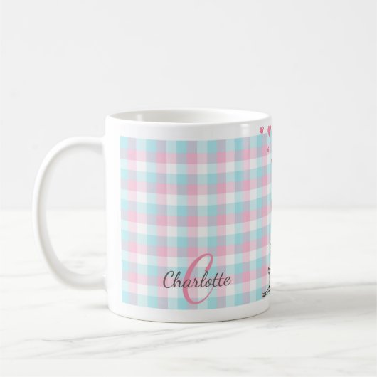 Moderne Monogram Pink Blue Sleepy Cat Kaffeetasse (Links)