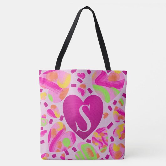 Moderne Monogram Pink Heart Painted School Tasche (Vorderseite)