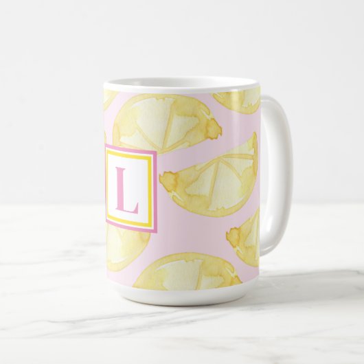 Moderne Monogram Pink Yellow Lemon Print Coffee Ta Kaffeetasse (VorderseiteRechts)