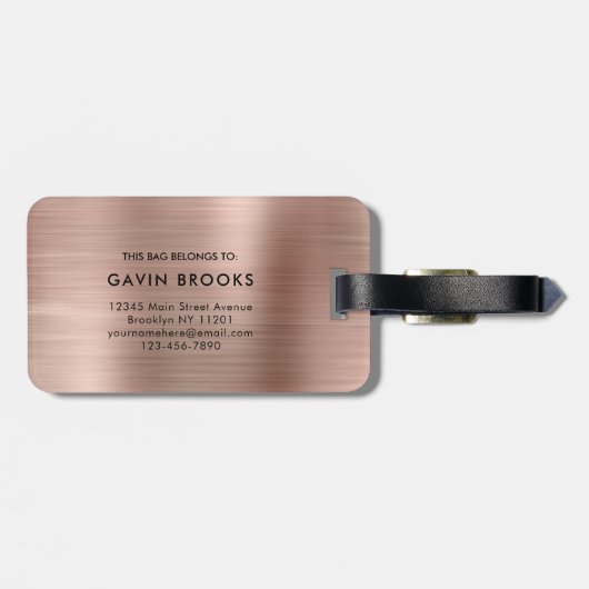 Moderne Monogram Rose Gold Elegant gestromt metall Gepäckanhänger (Rückseite horizontal)