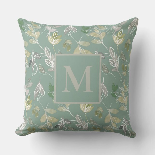 Moderne Monogram Sage Green Silver Blätter Foliage Kissen (Vorderseite)