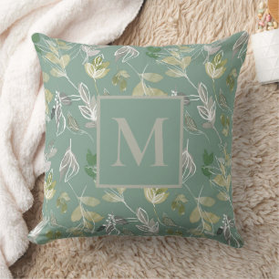 Moderne Monogram Sage Green Silver Blätter Foliage Kissen