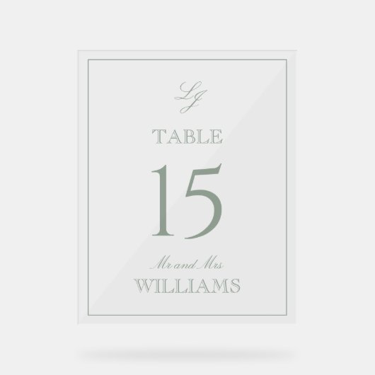 Moderne Monogram Sage Green Wedding Tischnummer Acrylschild (Vorderseite)