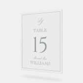 Moderne Monogram Sage Green Wedding Tischnummer Acrylschild (Winkel)