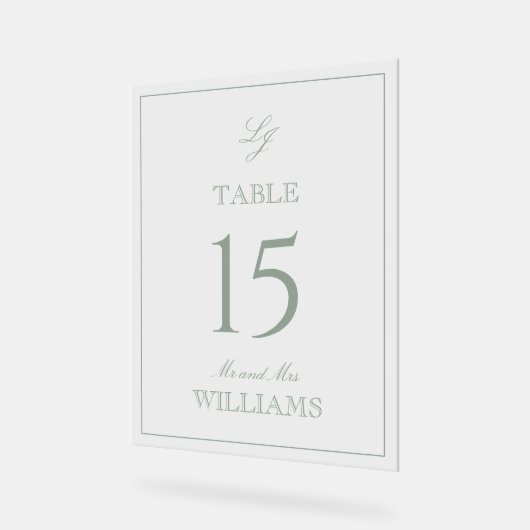 Moderne Monogram Sage Green Wedding Tischnummer Acrylschild (Winkel)