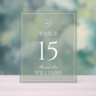 Moderne Monogram Sage Green Wedding Tischnummer Acrylschild