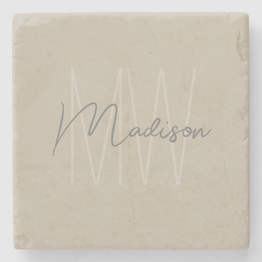 Moderne Monogram Script Beige Steinuntersetzer (Vorderseite)