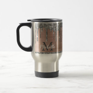 Moderne Monogram Silver Glitzer Tropfen auf rosa M Reisebecher