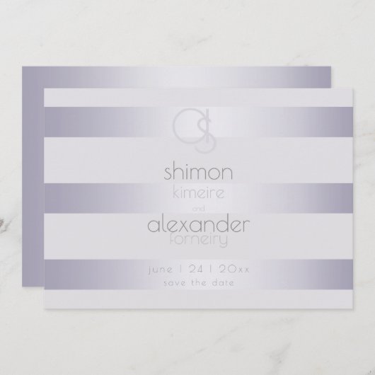 Moderne Monogram-Silver Lilac-Streifen Save The Date (Vorne/Hinten)