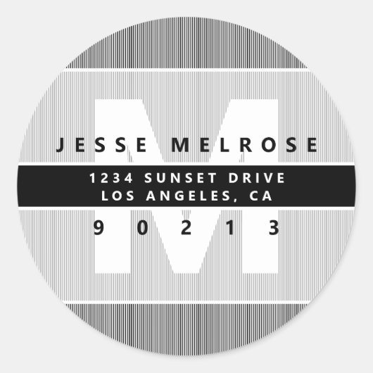 Moderne Monogram & Stripes B&W Grau Rücksendeadres Runder Aufkleber (Vorderseite)