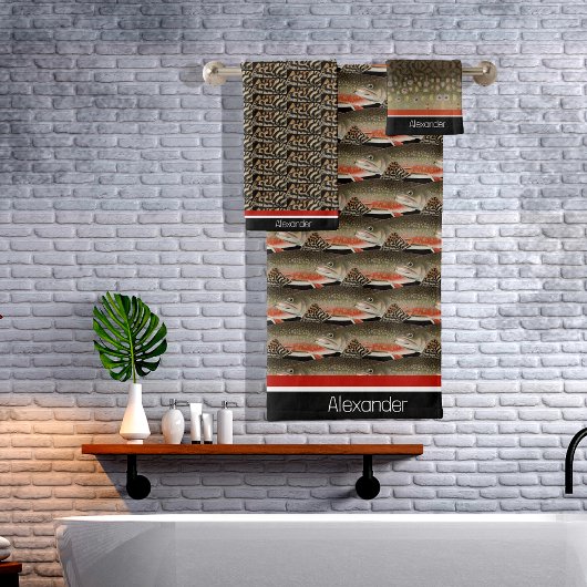Moderne Monogram Trout Fish Design Schwarz-weiße R Badhandtuch Set