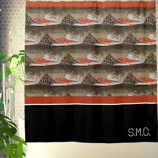 Moderne Monogram Trout Fish Design Schwarz-weiße R Duschvorhang