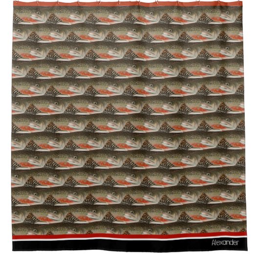 Moderne Monogram Trout Fish Design Schwarz-weiße R Duschvorhang (Vorderseite)