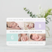 Moderne Monogram Twins 4-Foto Design Birth Ankündigung (Stehend Vorderseite)