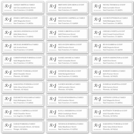 Moderne + Monogram Wedding Guest Names Adresse Aufkleber (Vorderseite)