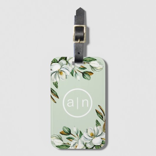 Moderne Monogram White Magnolia Gepäckmarke Gepäckanhänger (Vorderseite Vertikal)