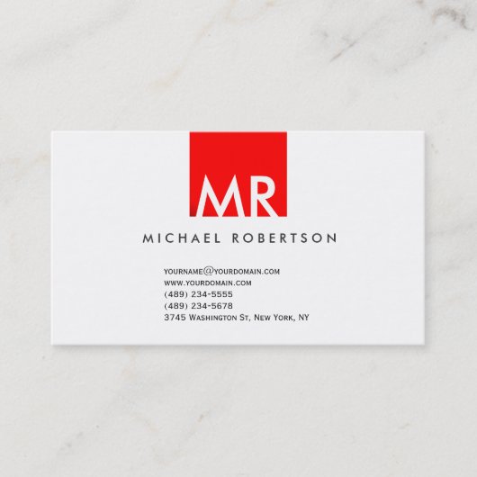 Moderne Monogram White Red Clean Business Card Visitenkarte (Vorderseite)
