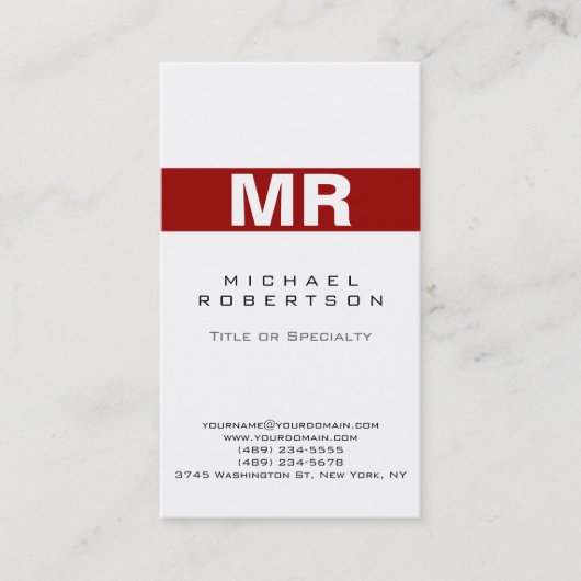 Moderne Monogram White Red Clean Business Card Visitenkarte (Vorderseite)