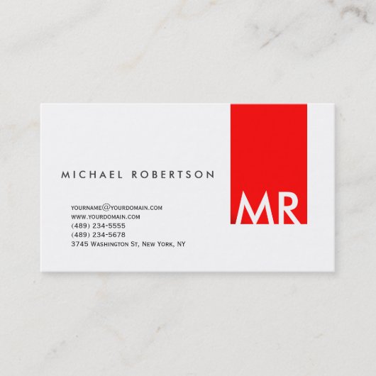 Moderne Monogram White Red Clean Business Card Visitenkarte (Vorderseite)