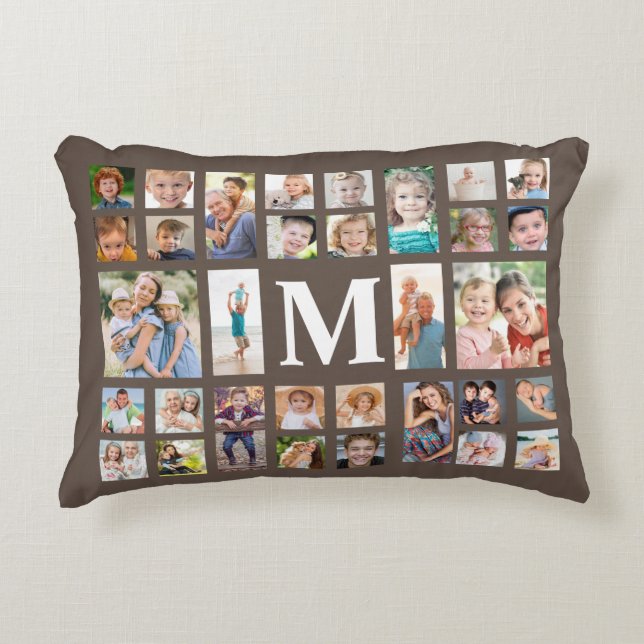 Moderne Monogramm-32-Familie FotoCollage Brown Dekokissen (Vorderseite)