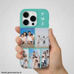 Moderne Monogramm 5-Foto-Collage Aqua Blau Türkis iPhone 16 Pro Hülle