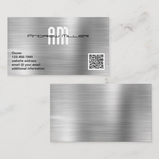 Moderne Monogramm-Add-QR-Imitate aus gebürstetem M Visitenkarte (Vorne/Hinten)