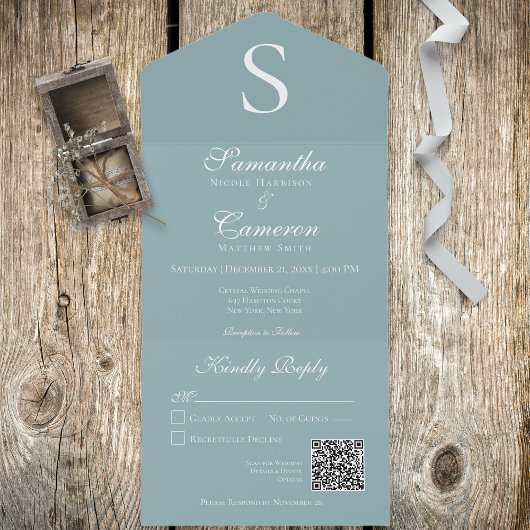 Moderne Monogramm Aqua Blau QR Code All In One Einladung