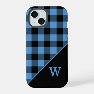 Moderne Monogramm Blau Schwarz Gingham Karomuster iPhone 15 Hülle