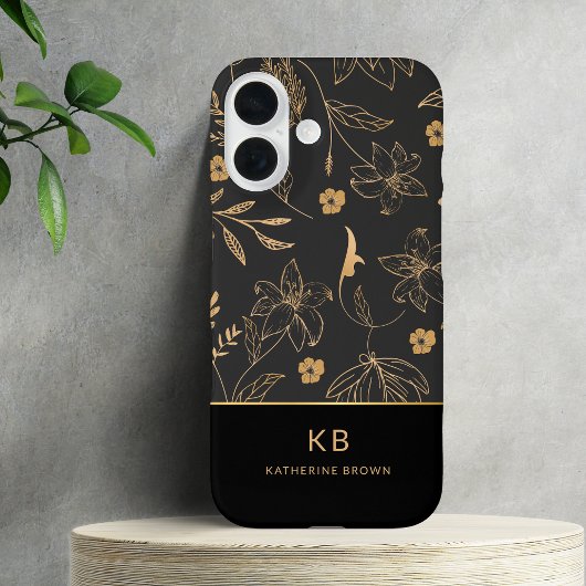 Moderne Monogramm Elegante Schwarz Gold Blumenmust Case-Mate iPhone Hülle