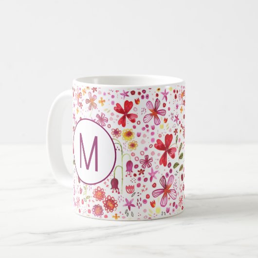 Moderne Monogramm erste Wildblume Wasserfarbe Kaffeetasse (Vorderseite Links)