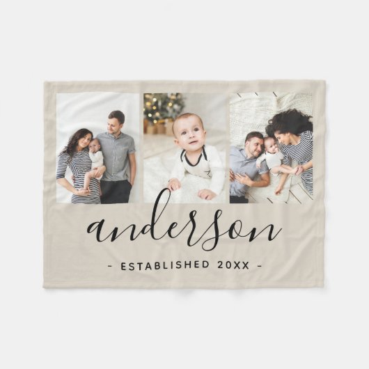 Moderne Monogramm-Familie 3 FotoCollage Fleecedecke (Vorderseite (Horizontal))