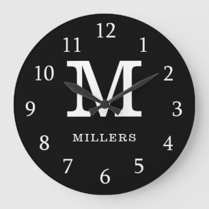 Moderne Monogramm-Familienname Schwarz und Weiß Große Wanduhr
