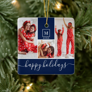 Moderne Monogramm Foto Collage Happy Holiday Navy Keramikornament