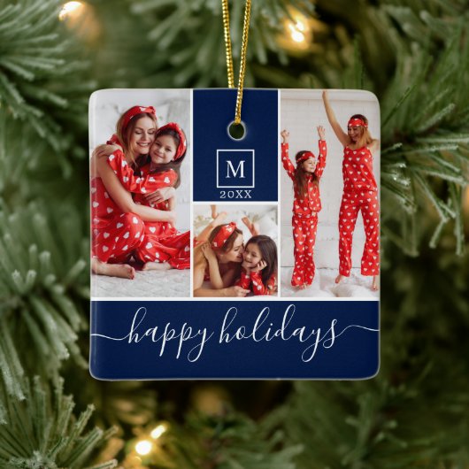Moderne Monogramm Foto Collage Happy Holiday Navy Keramikornament (Baum)