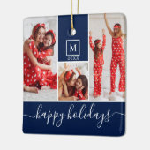 Moderne Monogramm Foto Collage Happy Holiday Navy Keramikornament (Links)