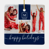 Moderne Monogramm Foto Collage Happy Holiday Navy Keramikornament (Rückseite)
