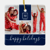 Moderne Monogramm Foto Collage Happy Holiday Navy Keramikornament (Vorderseite)