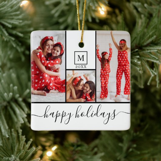 Moderne Monogramm Foto Collage Happy Holiday White Keramikornament (Baum)