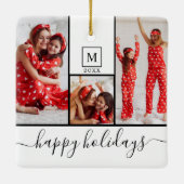 Moderne Monogramm Foto Collage Happy Holiday White Keramikornament (Rückseite)