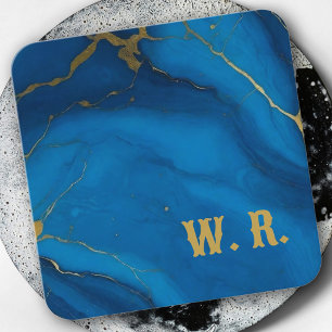 Moderne Monogramm-Gold-Glitter Blau-Marmor  Quadratische Visitenkarte