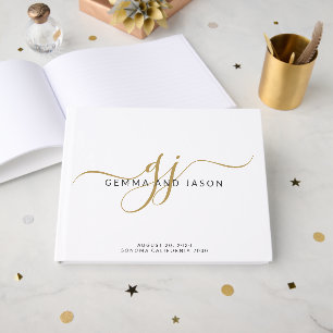 Moderne Monogramm Gold Schrift Name Weiß Gästebuch