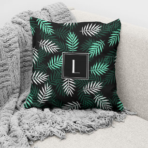 Moderne monogramm-grüne botanische Blätter Kissen