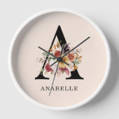 Moderne Monogramm Herbst Wasserfarbe Flora Uhr (Vorderseite)