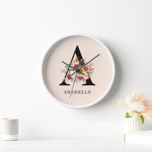 Moderne Monogramm-Herbst-Wasserfarben-Blumen  Uhr
