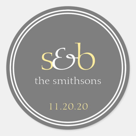 Moderne Monogramm-Hochzeitstempel (gelb / grau) Runder Aufkleber (Vorderseite)
