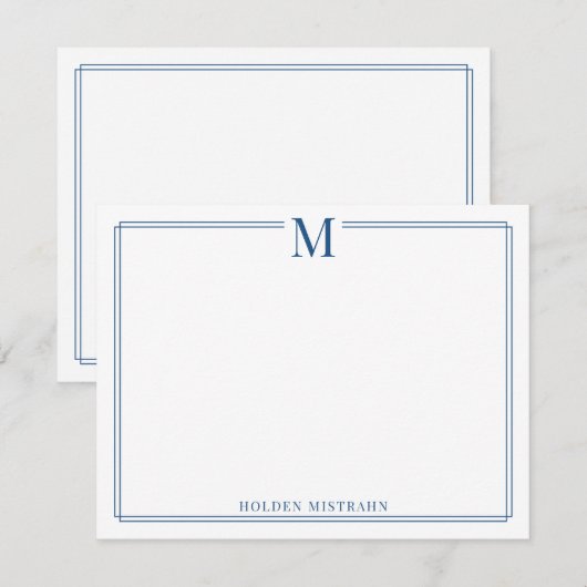 Moderne Monogramm-Initiale Blaue Rand-Papeterie Mitteilungskarte (Vorne/Hinten)