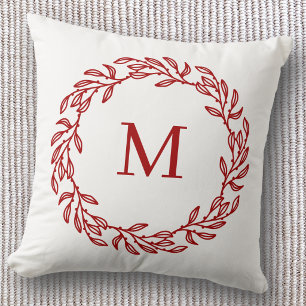 Moderne Monogramm-Initiale Roter Blatt- und Beeren Kissen